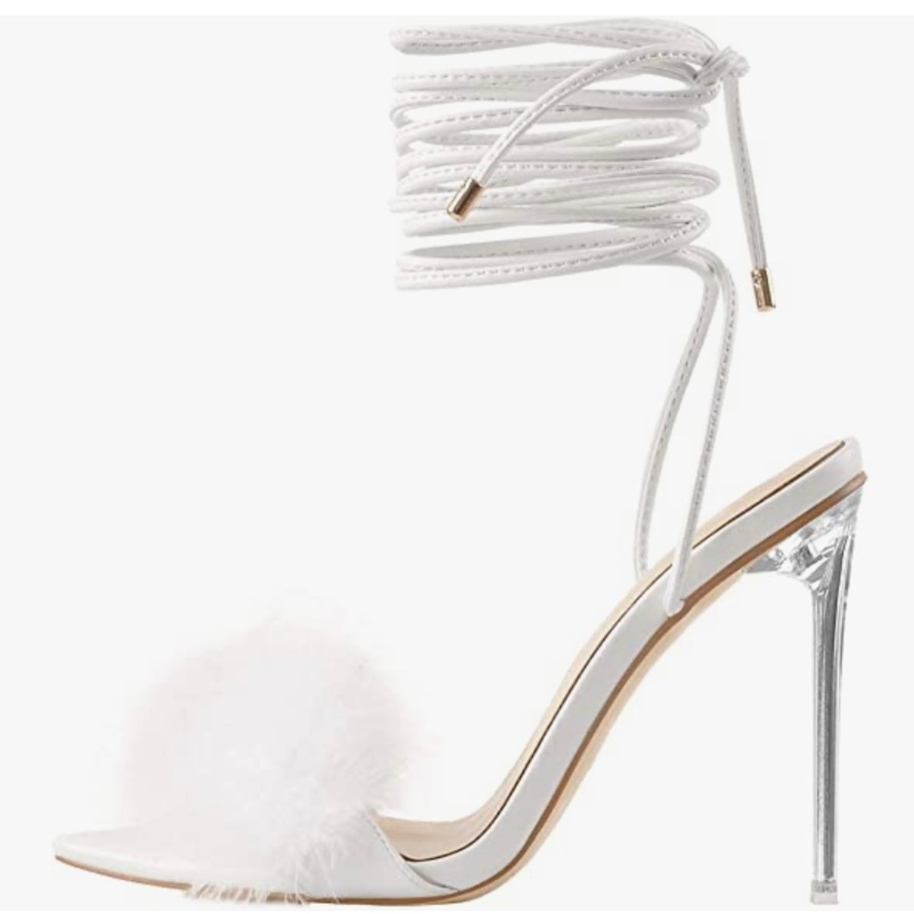 Richealnana woman’s fluffy feather pointed toe clear heeled sandals